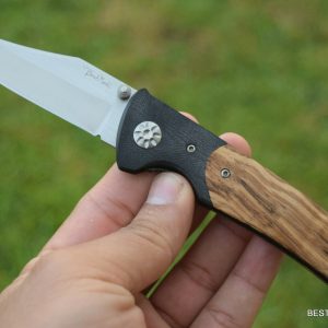 BENCHMARK WOOD HANDLE LINERLOCK FOLDING KNIFE RAZOR SHARP BLADE WITH POCKET CLIP