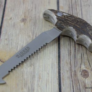 JOKER KNIVES MADE IN SPAIN FIXED BLADE SAW STAG HORN HANDLE WITH LEATHER SHEATH