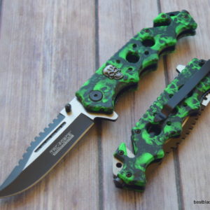 8 INCH OVERALL TACFORCE GREEN SKULL DESIGN TACTICAL RESCUE KNIFE W/ POCKET CLIP TF-809GN